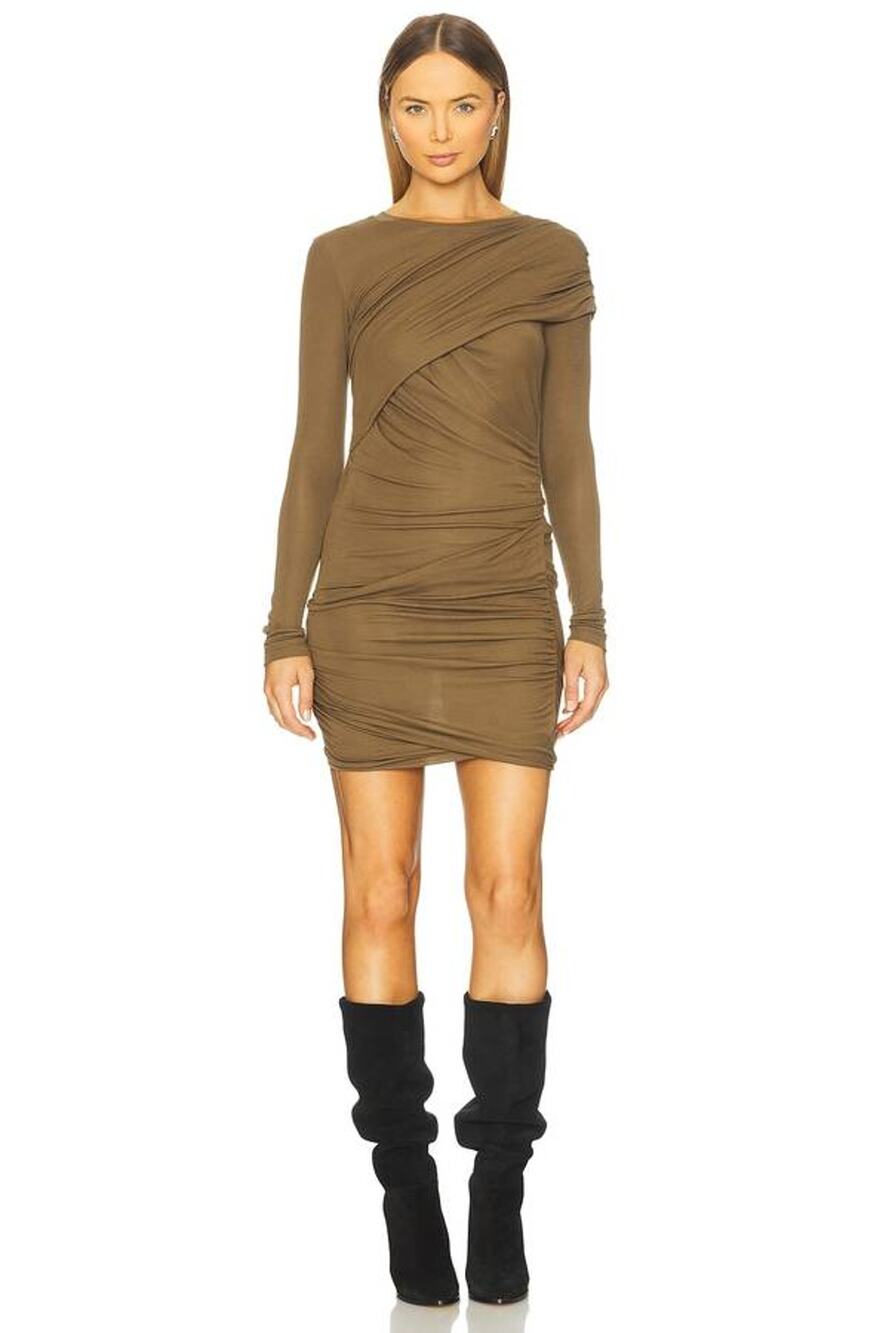 Isabel Marant Denise Shirred Mini Dress in Khaki 40 US 8